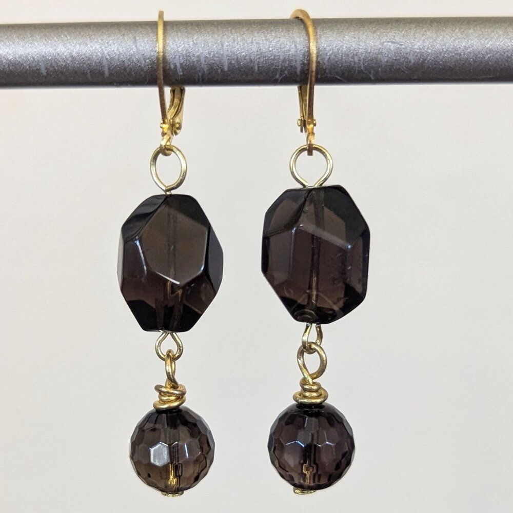 Elegant 24k Gold Filled Brown Smokey Quartz Organic Faceted Dangle Earrings